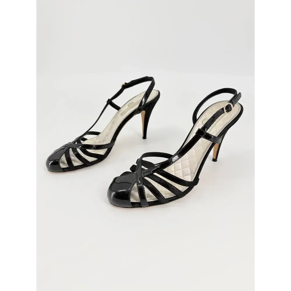 Chanel Black Patent Leather Quilted Insole Slingback Heels Pumps Size 39.5